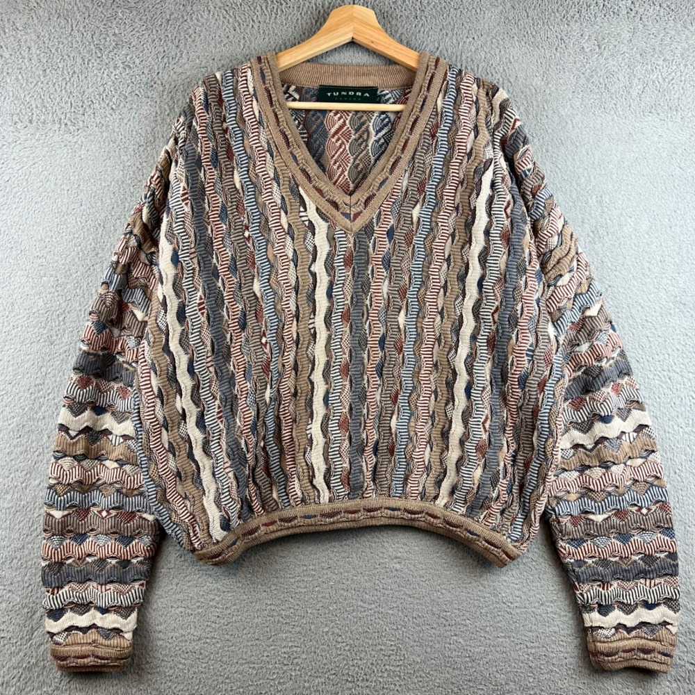 Tundra Canada Mens XL V-Neck 3D Textured Knit Mercerized Cotton Sweater Multi